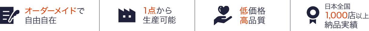 オーダーメイドで自由自在・1点から生産可能・低価格高品質・日本全国1,000店以上納品実績